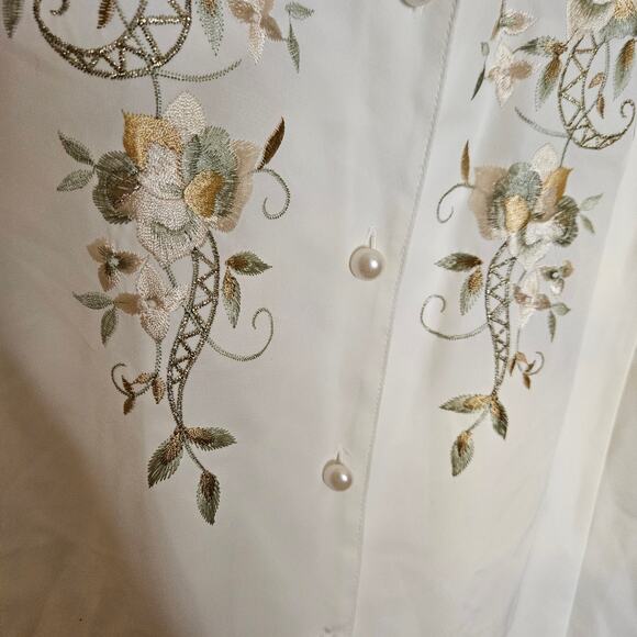 Liz Baker Size 16 Vintage Blouse Embroidered Floral Pearl Classy White - Picture 7 of 10